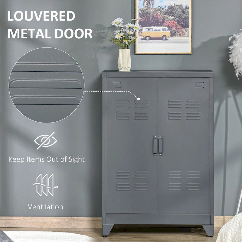Armoire de rangement industrielle grise en acier à 2 portes avec étagères réglables et portes persiennes – Unité individuelle