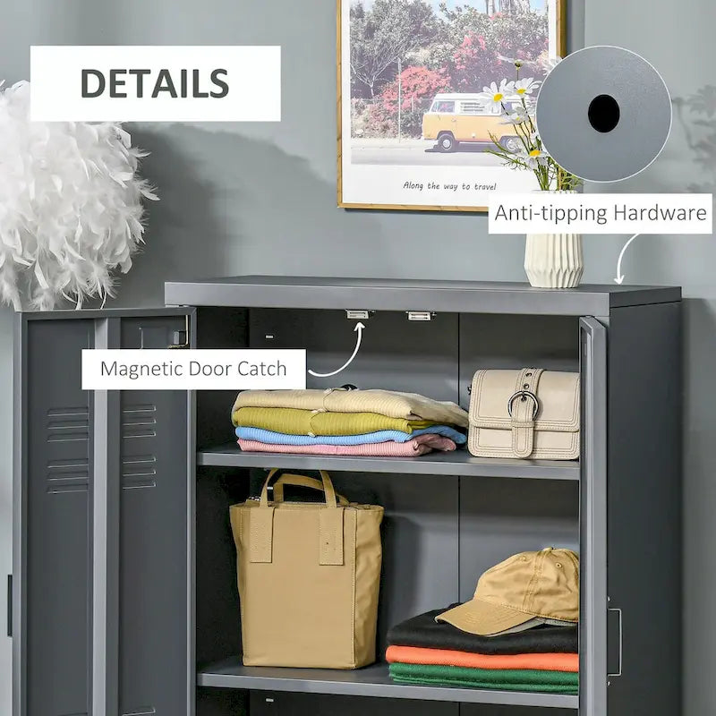 Armoire de rangement industrielle grise en acier à 2 portes avec étagères réglables et portes persiennes – Unité individuelle
