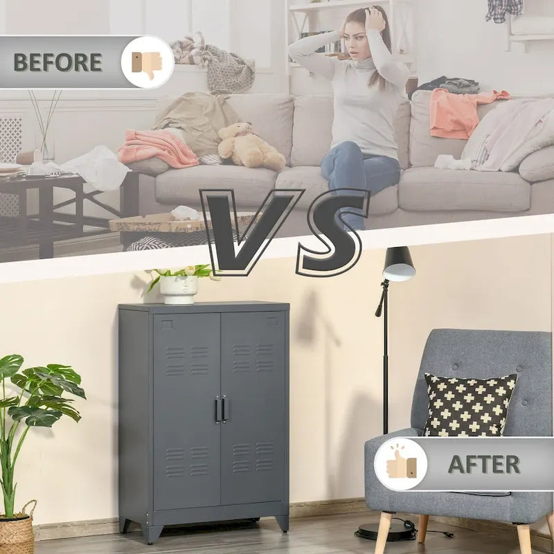 Armoire de rangement industrielle grise en acier à 2 portes avec étagères réglables et portes persiennes – Unité individuelle