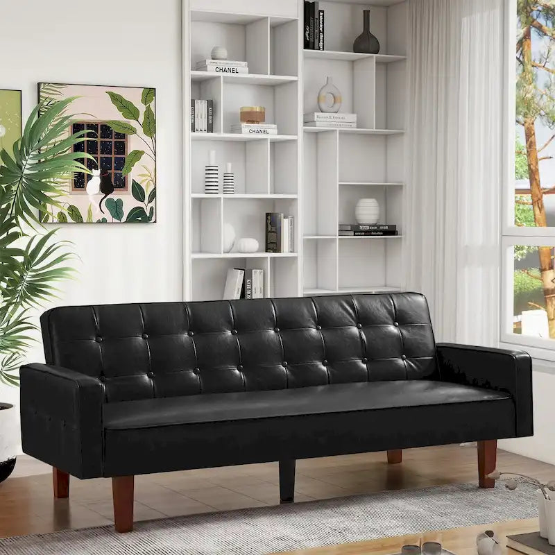 Canapé-lit convertible futon en similicuir noir/blanc/marron avec dossier réglable – 2 places