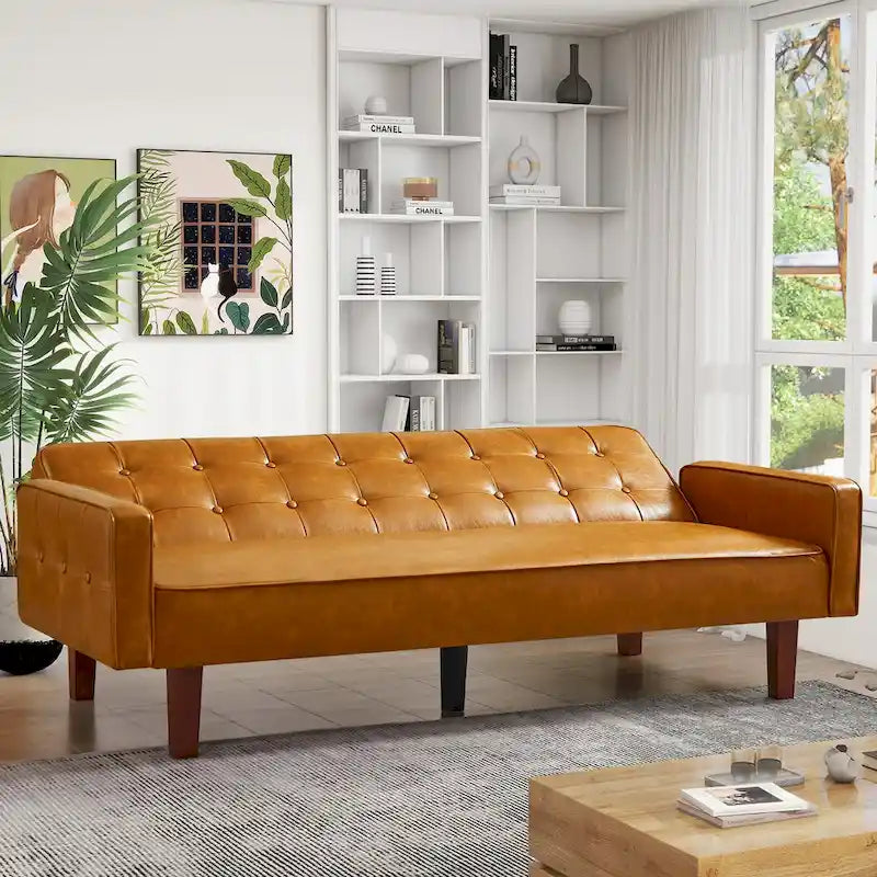 Canapé-lit convertible futon en similicuir noir/blanc/marron avec dossier réglable – 2 places