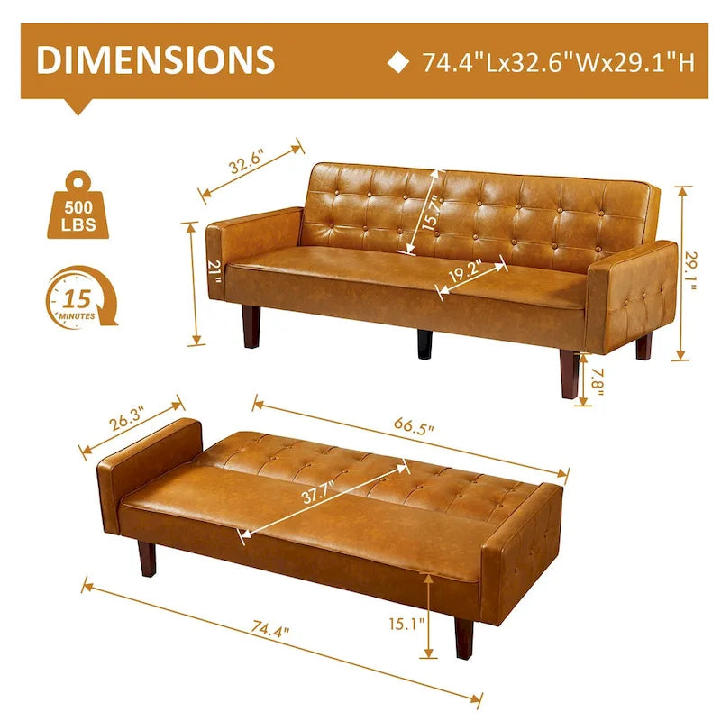 Canapé-lit convertible futon en similicuir noir/blanc/marron avec dossier réglable – 2 places