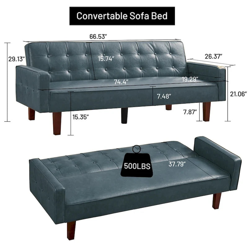 Canapé-lit convertible futon en similicuir noir/blanc/marron avec dossier réglable – 2 places