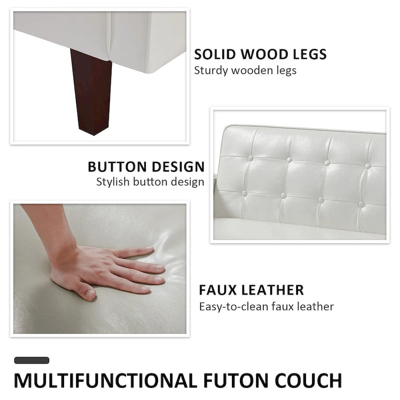 Canapé-lit convertible futon en similicuir noir/blanc/marron avec dossier réglable – 2 places