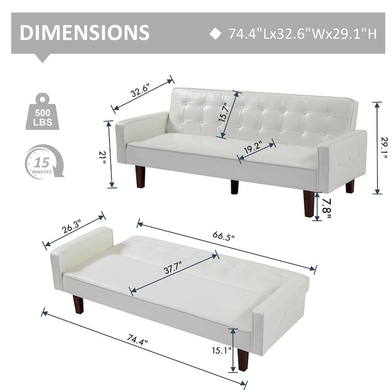 Canapé-lit convertible futon en similicuir noir/blanc/marron avec dossier réglable – 2 places