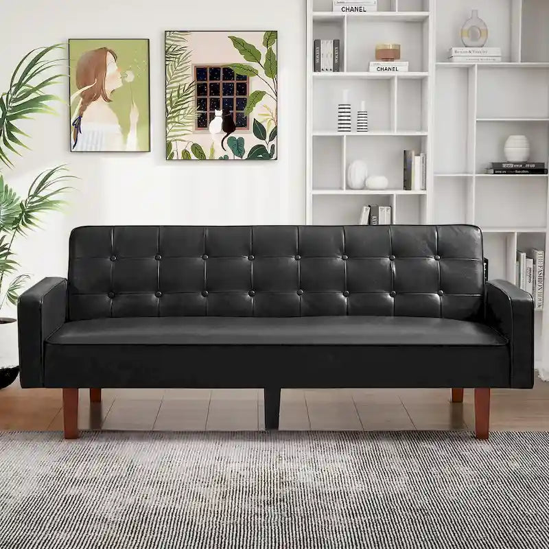 Canapé-lit convertible futon en similicuir noir/blanc/marron avec dossier réglable – 2 places