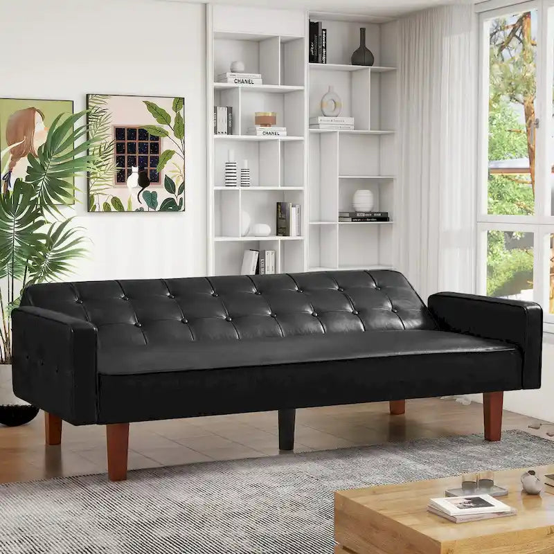 Canapé-lit convertible futon en similicuir noir/blanc/marron avec dossier réglable – 2 places