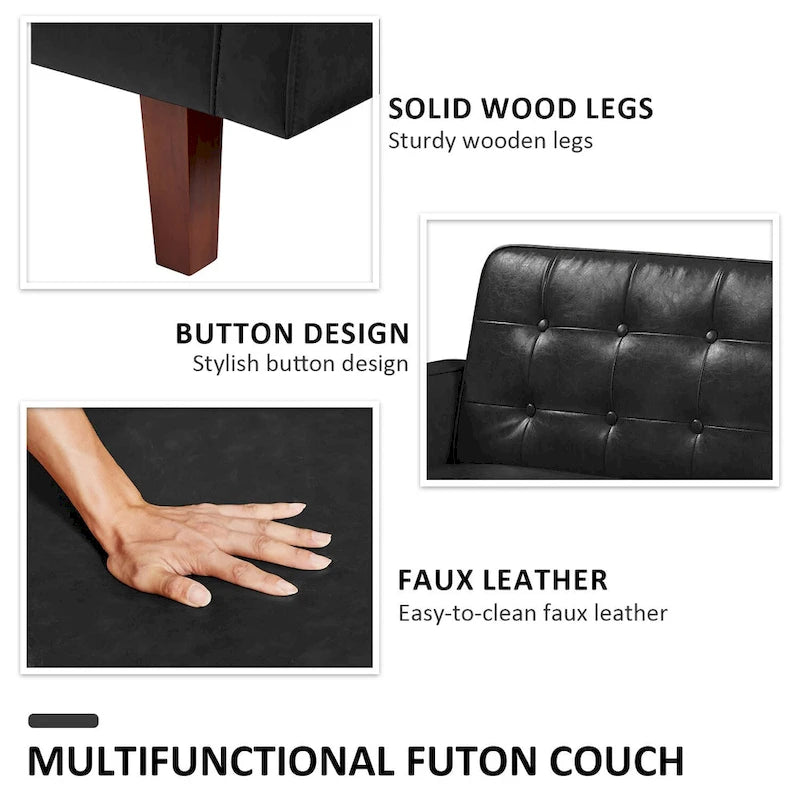 Canapé-lit convertible futon en similicuir noir/blanc/marron avec dossier réglable – 2 places