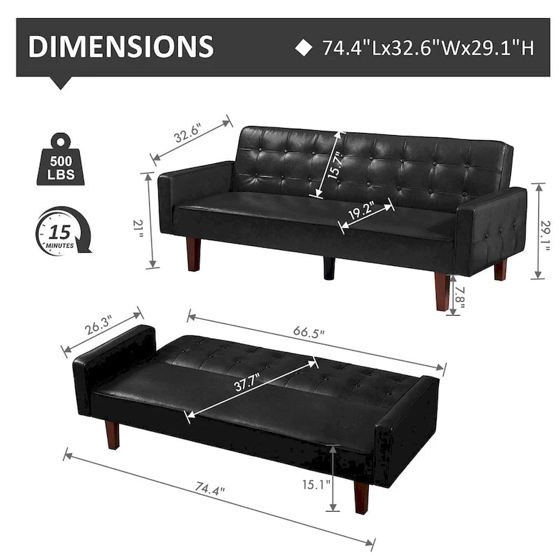 Canapé-lit convertible futon en similicuir noir/blanc/marron avec dossier réglable – 2 places