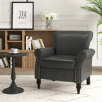 Fauteuil d'appoint en similicuir noir/marron/gris avec accoudoirs roulés, garniture cloutée et pieds en bois – 1 place