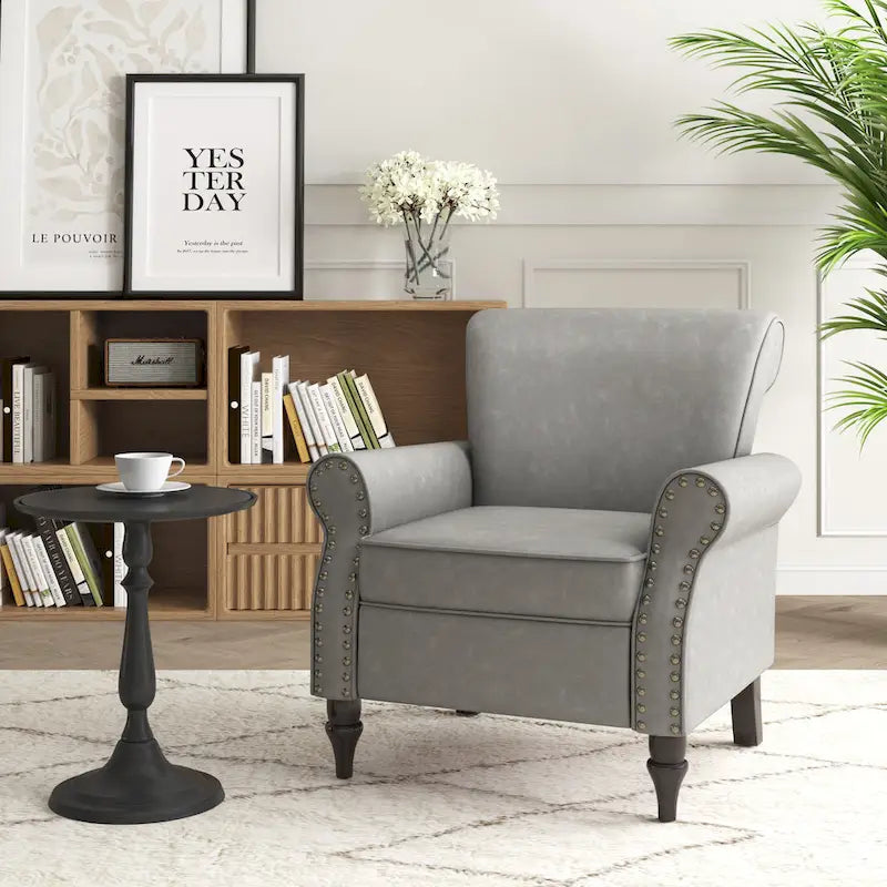 Fauteuil d'appoint en similicuir noir/marron/gris avec accoudoirs roulés, garniture cloutée et pieds en bois – 1 place