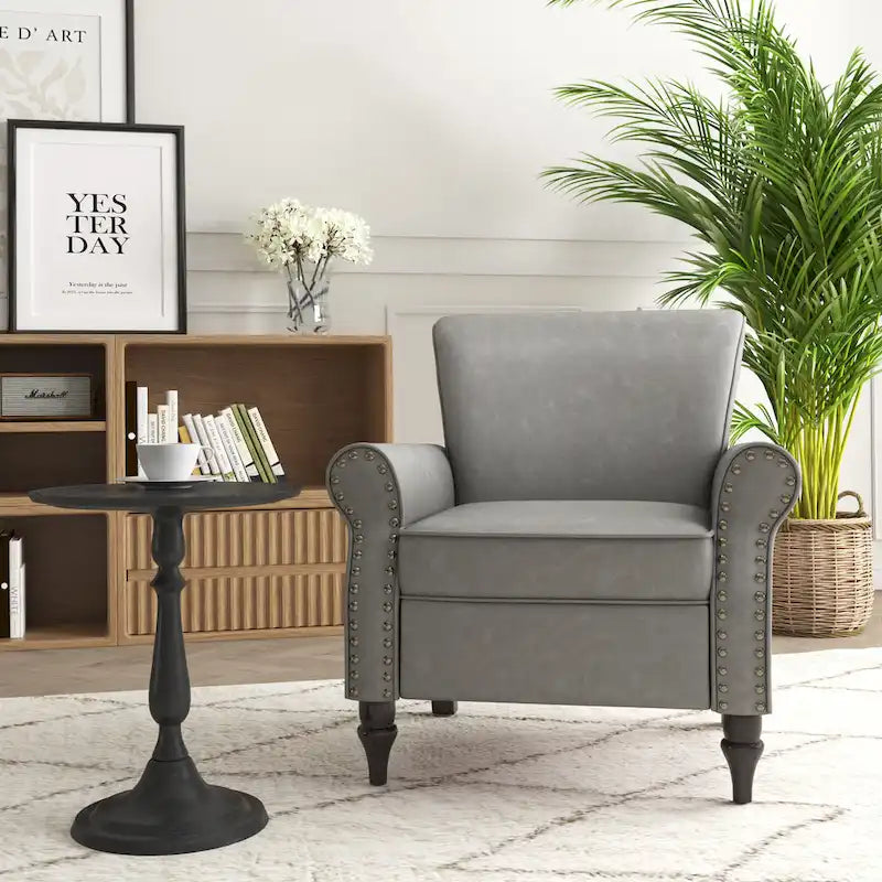 Fauteuil d'appoint en similicuir noir/marron/gris avec accoudoirs roulés, garniture cloutée et pieds en bois – 1 place