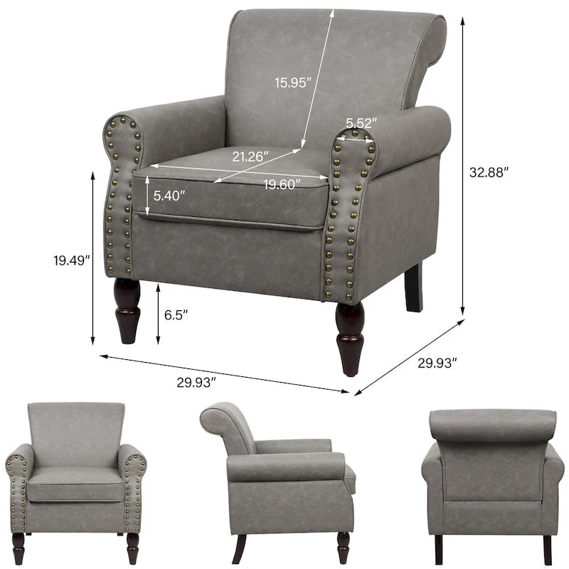 Fauteuil d'appoint en similicuir noir/marron/gris avec accoudoirs roulés, garniture cloutée et pieds en bois – 1 place