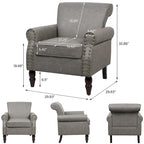 Fauteuil d'appoint en similicuir noir/marron/gris avec accoudoirs roulés, garniture cloutée et pieds en bois – 1 place