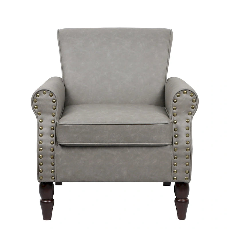 Fauteuil d'appoint en similicuir noir/marron/gris avec accoudoirs roulés, garniture cloutée et pieds en bois – 1 place