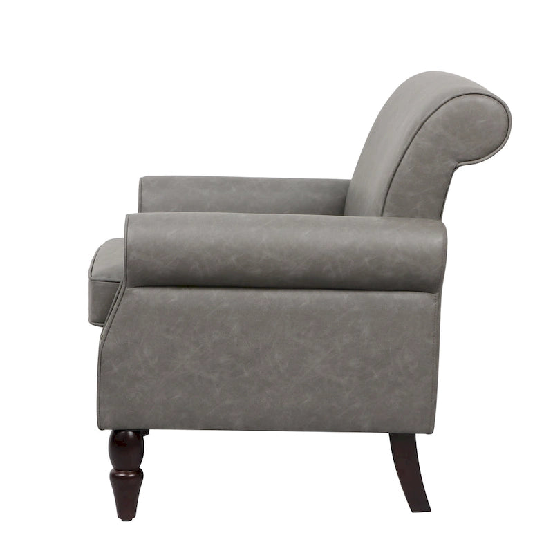 Fauteuil d'appoint en similicuir noir/marron/gris avec accoudoirs roulés, garniture cloutée et pieds en bois – 1 place
