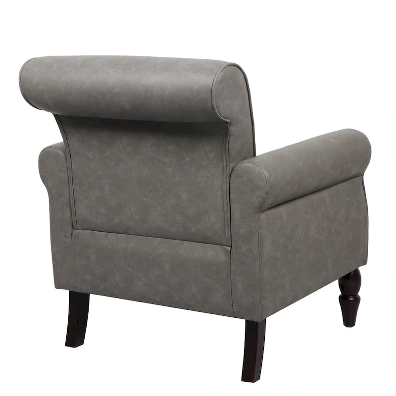 Fauteuil d'appoint en similicuir noir/marron/gris avec accoudoirs roulés, garniture cloutée et pieds en bois – 1 place