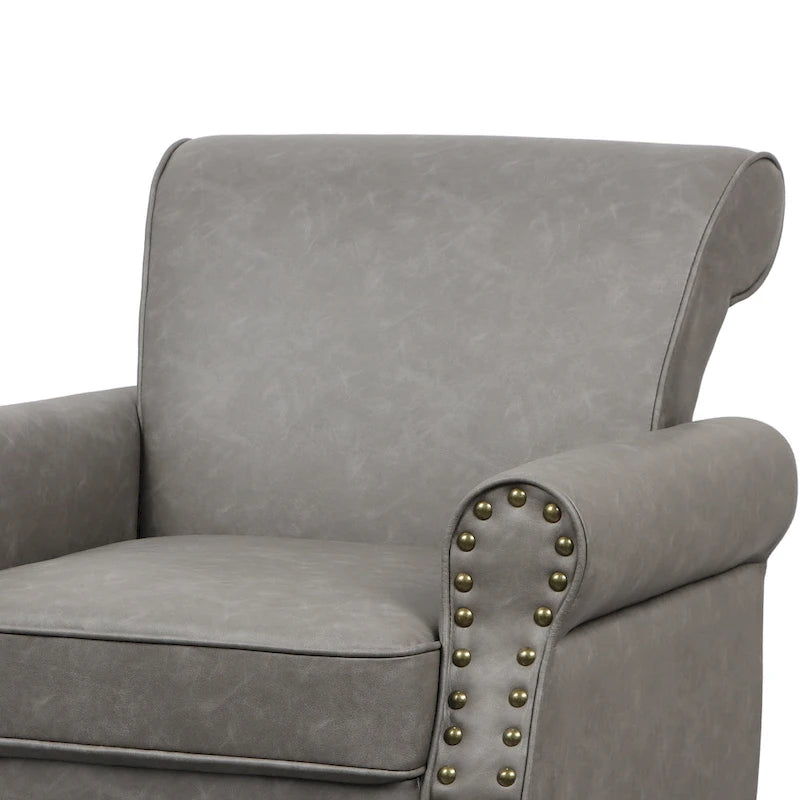 Fauteuil d'appoint en similicuir noir/marron/gris avec accoudoirs roulés, garniture cloutée et pieds en bois – 1 place