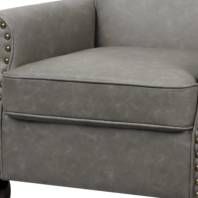 Fauteuil d'appoint en similicuir noir/marron/gris avec accoudoirs roulés, garniture cloutée et pieds en bois – 1 place
