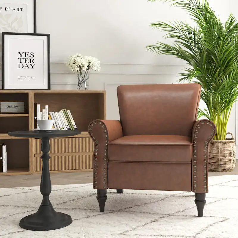 Fauteuil d'appoint en similicuir noir/marron/gris avec accoudoirs roulés, garniture cloutée et pieds en bois – 1 place