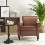 Fauteuil d'appoint en similicuir noir/marron/gris avec accoudoirs roulés, garniture cloutée et pieds en bois – 1 place