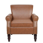 Fauteuil d'appoint en similicuir noir/marron/gris avec accoudoirs roulés, garniture cloutée et pieds en bois – 1 place