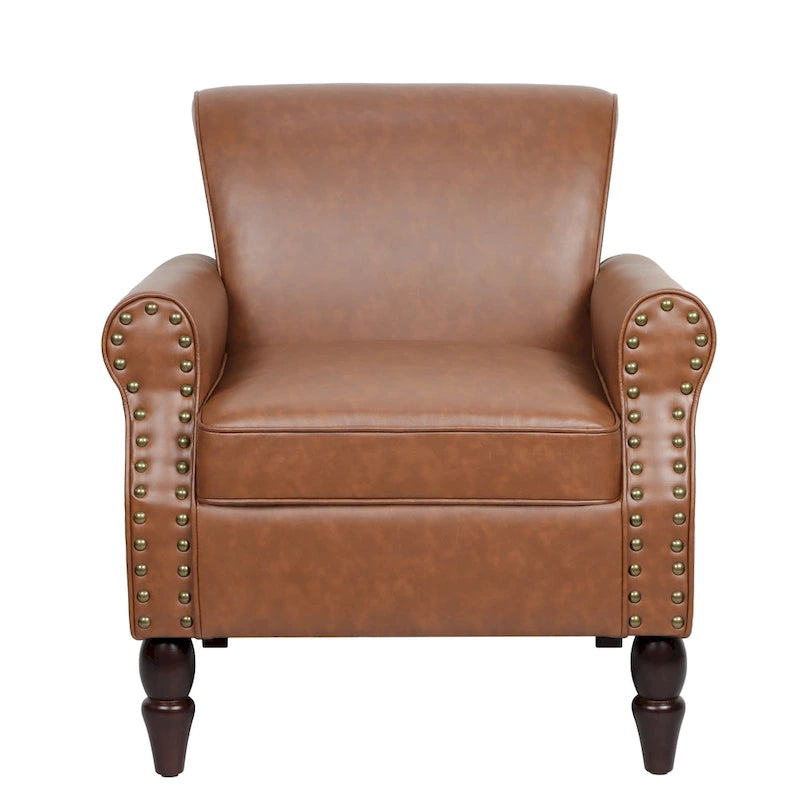 Fauteuil d'appoint en similicuir noir/marron/gris avec accoudoirs roulés, garniture cloutée et pieds en bois – 1 place