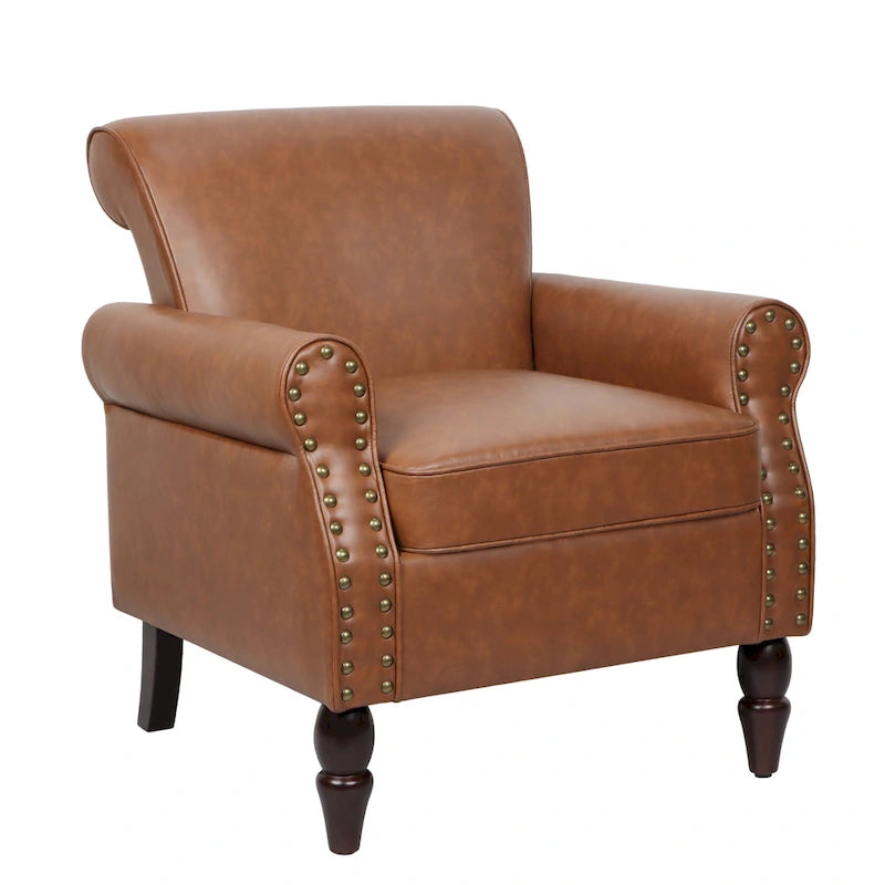 Fauteuil d'appoint en similicuir noir/marron/gris avec accoudoirs roulés, garniture cloutée et pieds en bois – 1 place