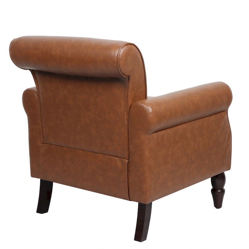 Fauteuil d'appoint en similicuir noir/marron/gris avec accoudoirs roulés, garniture cloutée et pieds en bois – 1 place