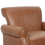 Fauteuil d'appoint en similicuir noir/marron/gris avec accoudoirs roulés, garniture cloutée et pieds en bois – 1 place