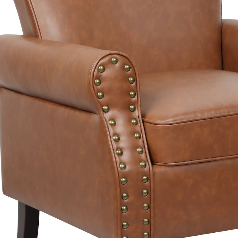 Fauteuil d'appoint en similicuir noir/marron/gris avec accoudoirs roulés, garniture cloutée et pieds en bois – 1 place