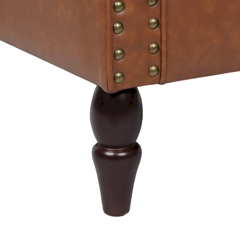 Fauteuil d'appoint en similicuir noir/marron/gris avec accoudoirs roulés, garniture cloutée et pieds en bois – 1 place