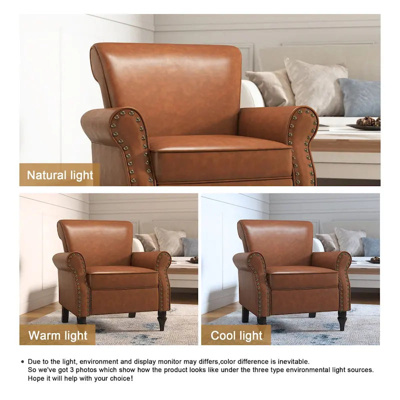 Fauteuil d'appoint en similicuir noir/marron/gris avec accoudoirs roulés, garniture cloutée et pieds en bois – 1 place