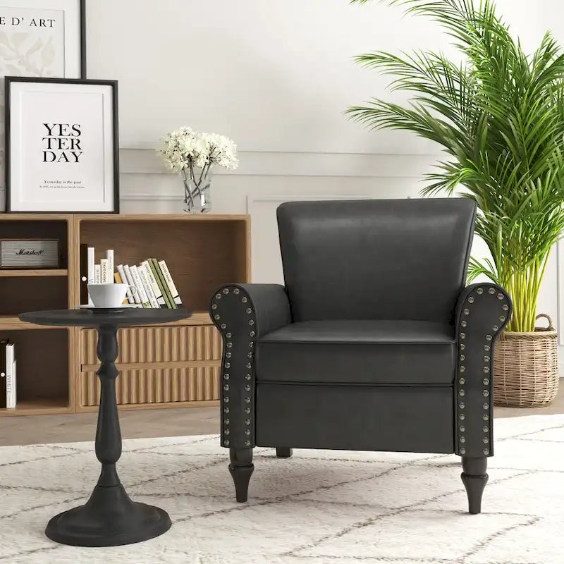 Fauteuil d'appoint en similicuir noir/marron/gris avec accoudoirs roulés, garniture cloutée et pieds en bois – 1 place