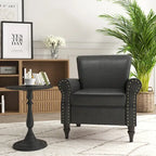 Fauteuil d'appoint en similicuir noir/marron/gris avec accoudoirs roulés, garniture cloutée et pieds en bois – 1 place
