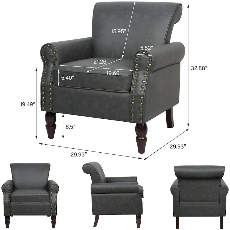 Fauteuil d'appoint en similicuir noir/marron/gris avec accoudoirs roulés, garniture cloutée et pieds en bois – 1 place