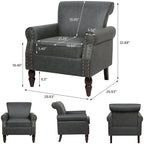 Fauteuil d'appoint en similicuir noir/marron/gris avec accoudoirs roulés, garniture cloutée et pieds en bois – 1 place