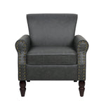 Fauteuil d'appoint en similicuir noir/marron/gris avec accoudoirs roulés, garniture cloutée et pieds en bois – 1 place