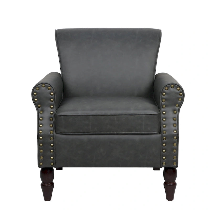Fauteuil d'appoint en similicuir noir/marron/gris avec accoudoirs roulés, garniture cloutée et pieds en bois – 1 place