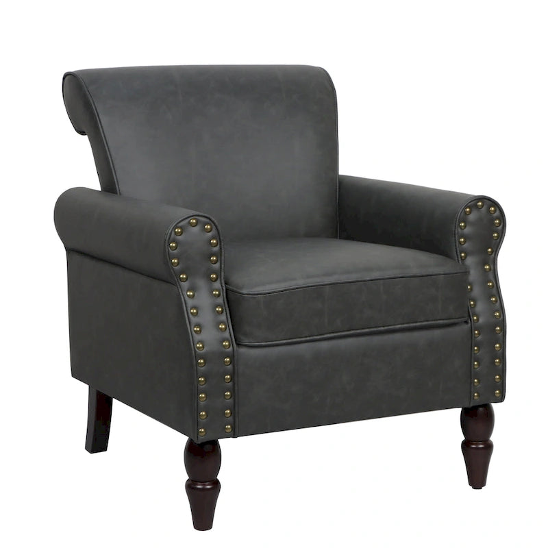 Fauteuil d'appoint en similicuir noir/marron/gris avec accoudoirs roulés, garniture cloutée et pieds en bois – 1 place