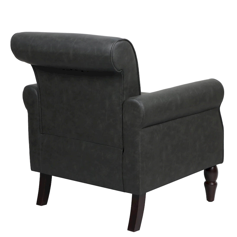 Fauteuil d'appoint en similicuir noir/marron/gris avec accoudoirs roulés, garniture cloutée et pieds en bois – 1 place