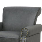 Fauteuil d'appoint en similicuir noir/marron/gris avec accoudoirs roulés, garniture cloutée et pieds en bois – 1 place