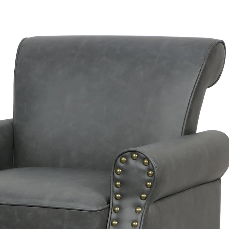 Fauteuil d'appoint en similicuir noir/marron/gris avec accoudoirs roulés, garniture cloutée et pieds en bois – 1 place