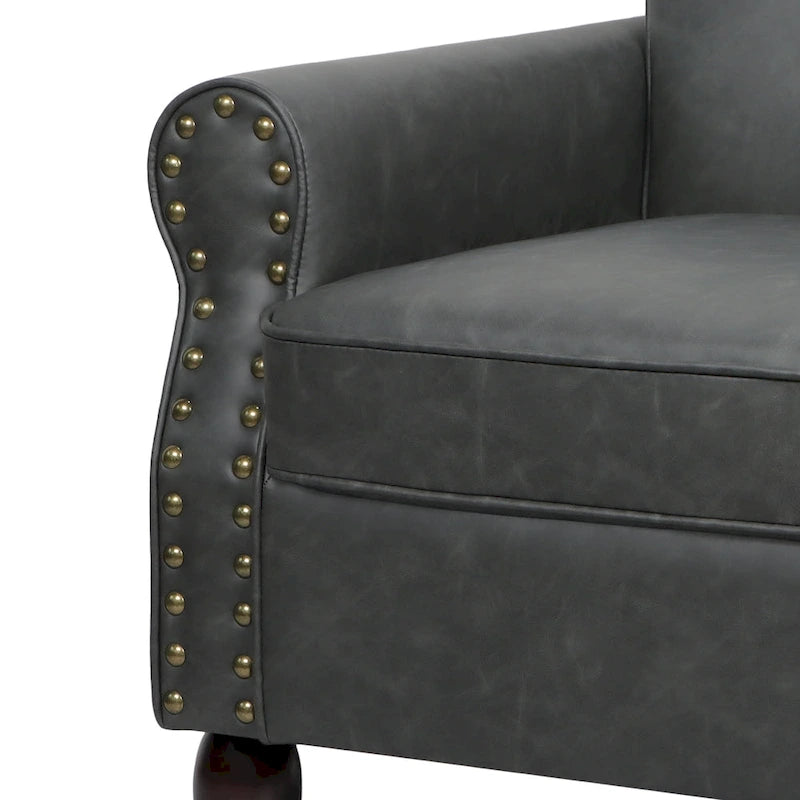 Fauteuil d'appoint en similicuir noir/marron/gris avec accoudoirs roulés, garniture cloutée et pieds en bois – 1 place