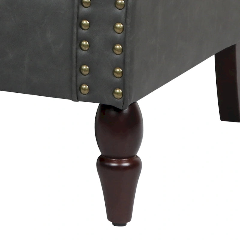 Fauteuil d'appoint en similicuir noir/marron/gris avec accoudoirs roulés, garniture cloutée et pieds en bois – 1 place
