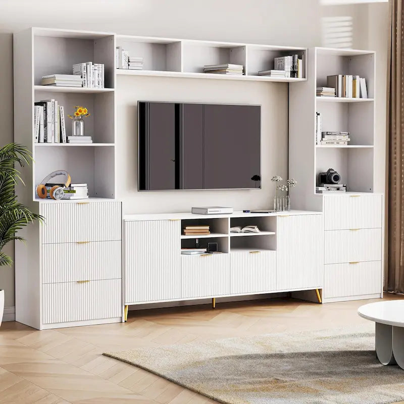 Meuble TV mural 4 pièces noir/blanc avec étagères et tiroirs – Style moderne, pour toute la famille