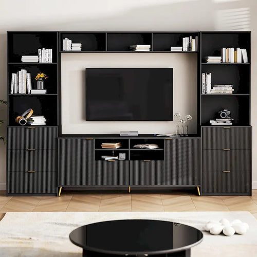 Meuble TV mural 4 pièces noir/blanc avec étagères et tiroirs – Style moderne, pour toute la famille
