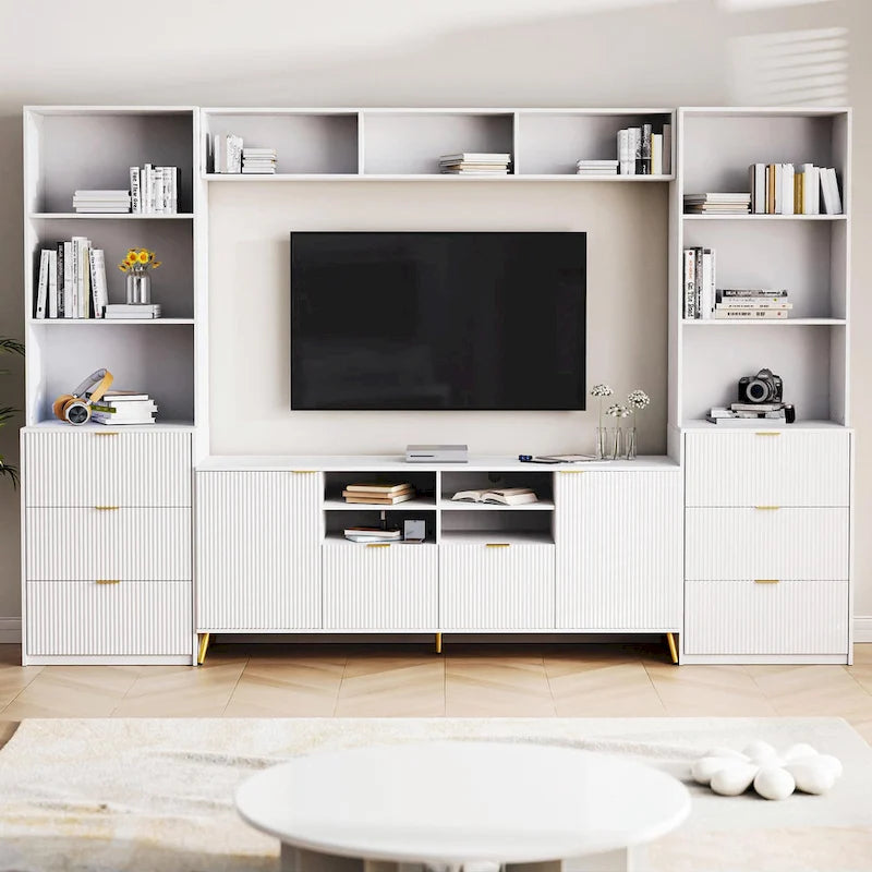 Meuble TV mural 4 pièces noir/blanc avec étagères et tiroirs – Style moderne, pour toute la famille