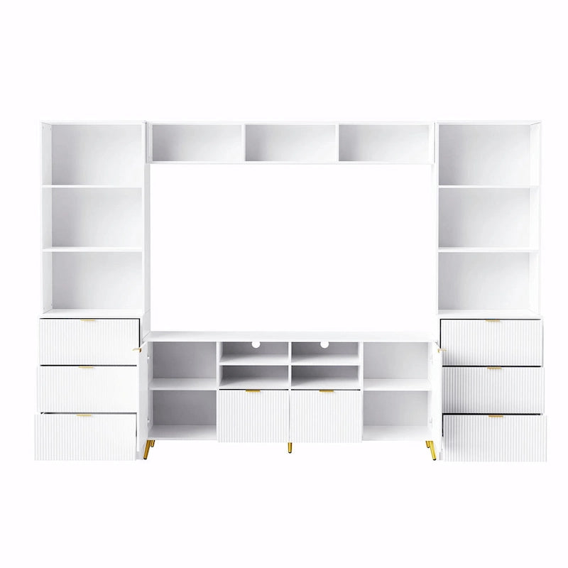 Meuble TV mural 4 pièces noir/blanc avec étagères et tiroirs – Style moderne, pour toute la famille