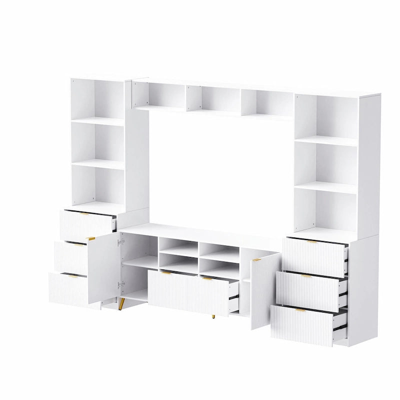 Meuble TV mural 4 pièces noir/blanc avec étagères et tiroirs – Style moderne, pour toute la famille